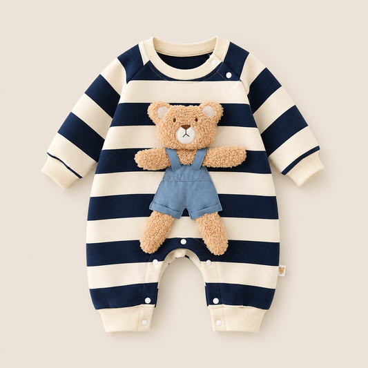 Navy Stripe Teddy Bear Baby Romper