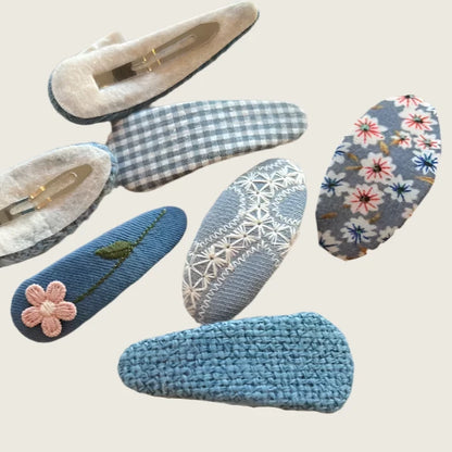 Denim Embroidered Hair Clips